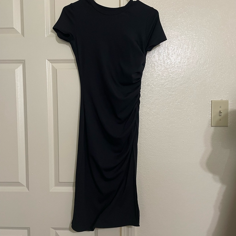Black Ruched Midi Sheath Dress